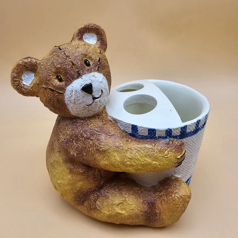 Adorable Cuddle Bear Toothbrush Holder Blue White Check Teddy Bathroom Organizer
